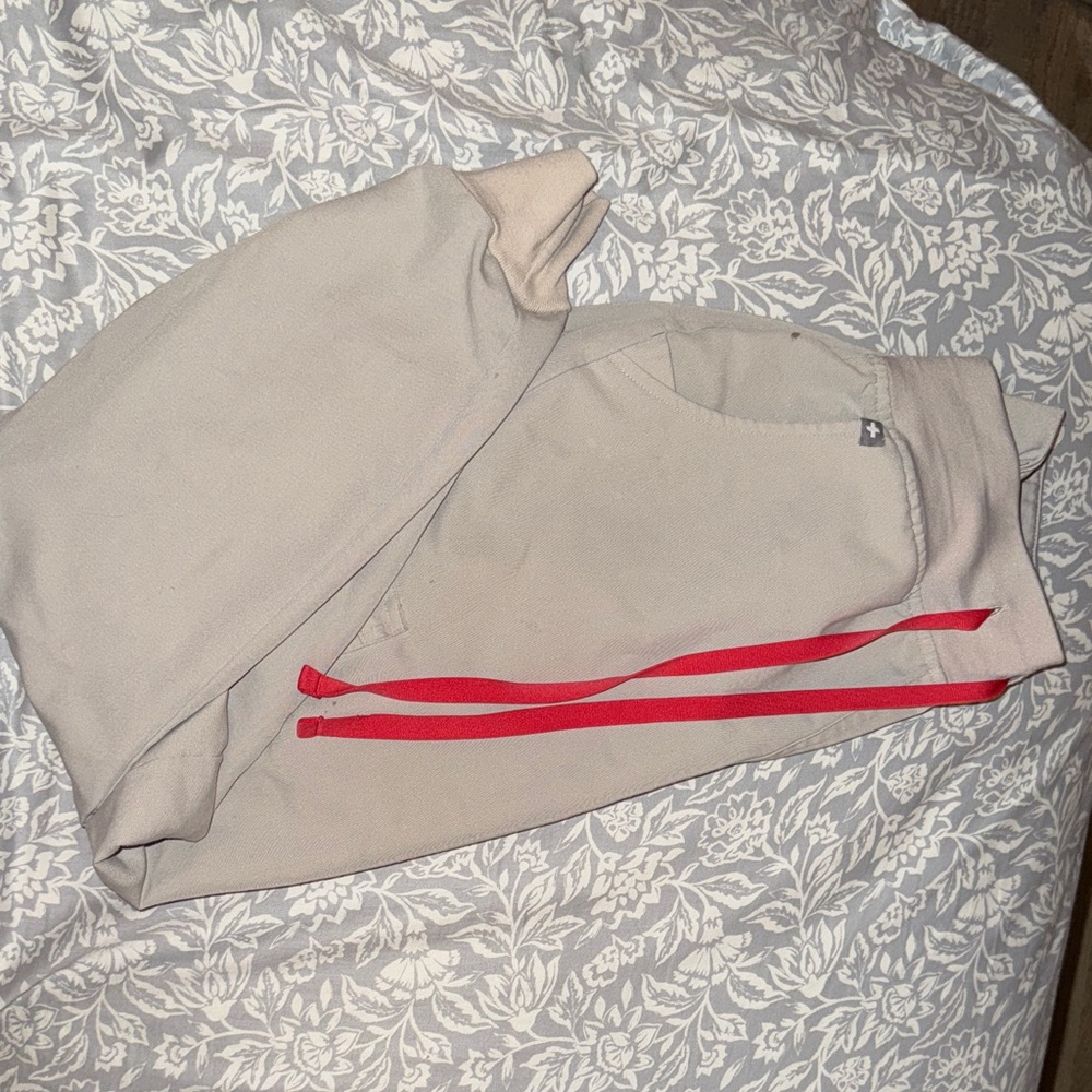 Figs Bone color jogger scrubs with Bold Red Tie